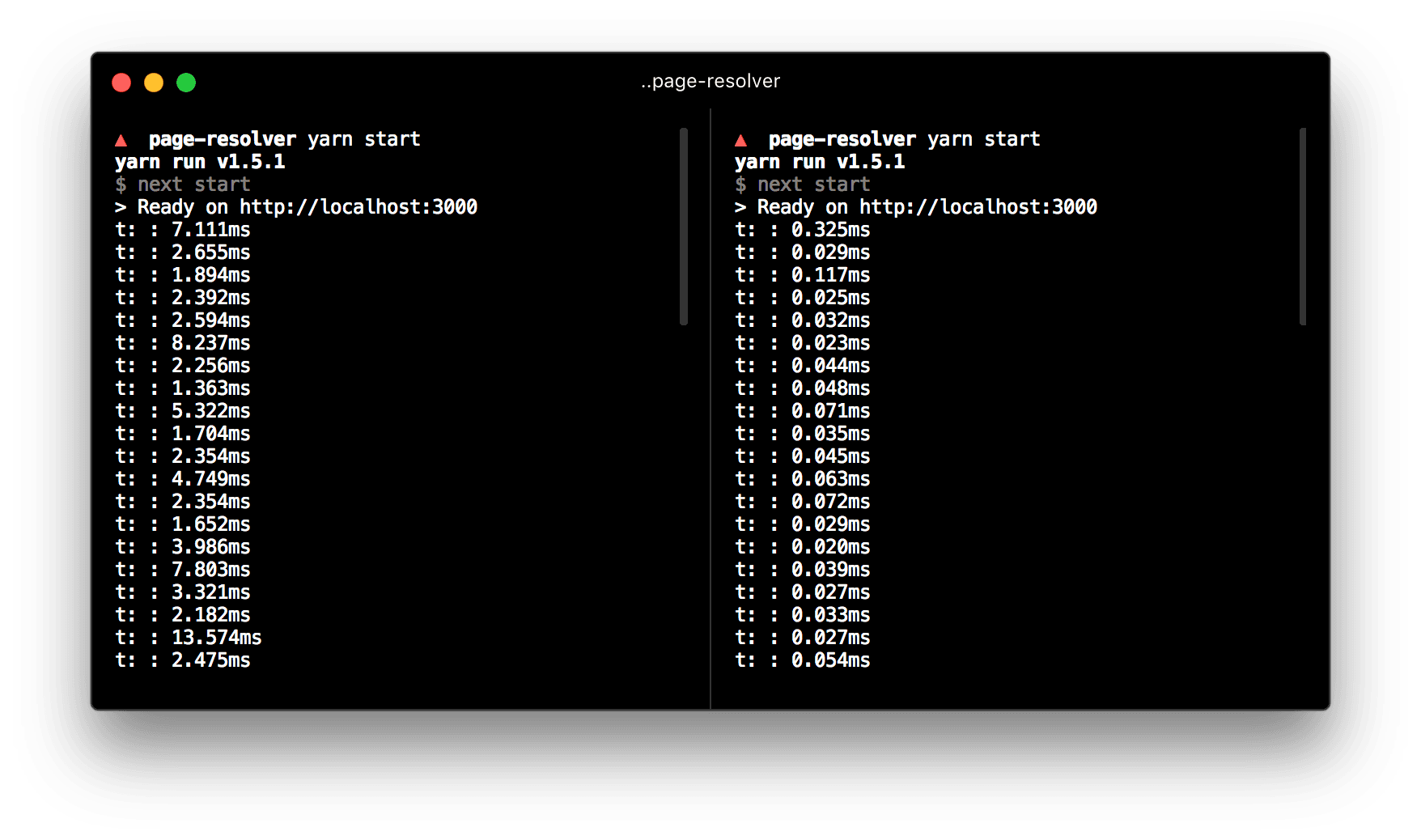 Page resolution shown per request. Left is Next.js 5.0, right is Next.js 5.1