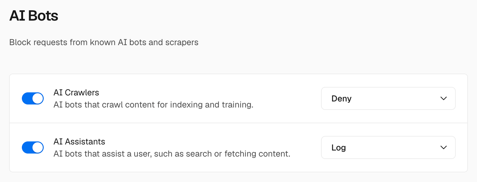 Block AI crawlers while allowing and logging AI assistant requests.
