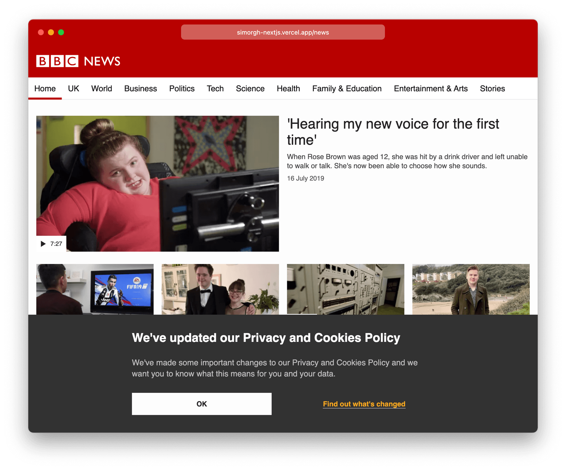 Our final result – a fully migrated page from a custom React and Express.js server to Next.js and Vercel.