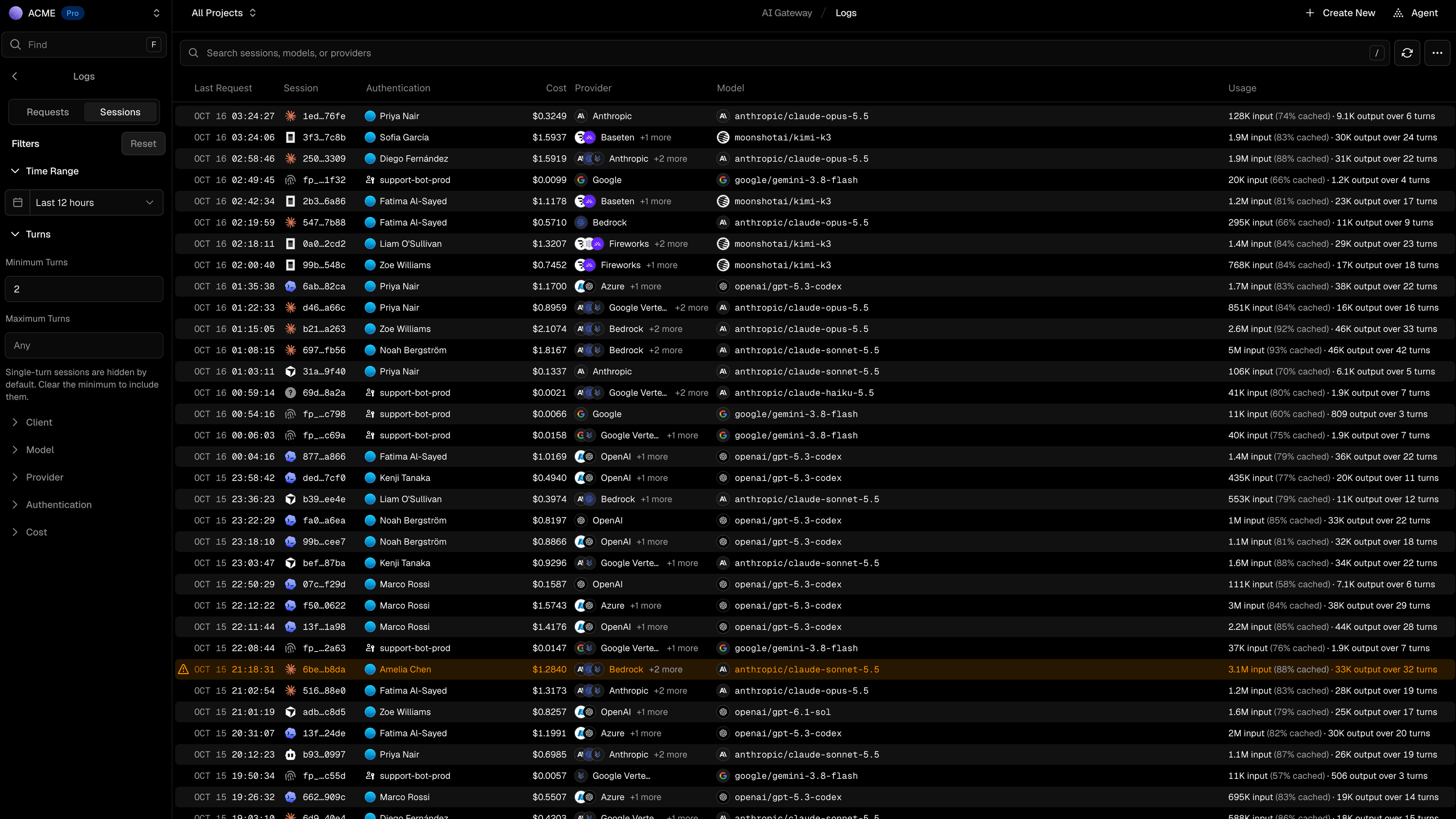 See logs grouped by sessions with a view into cache hit rate, session id, cost, and more.