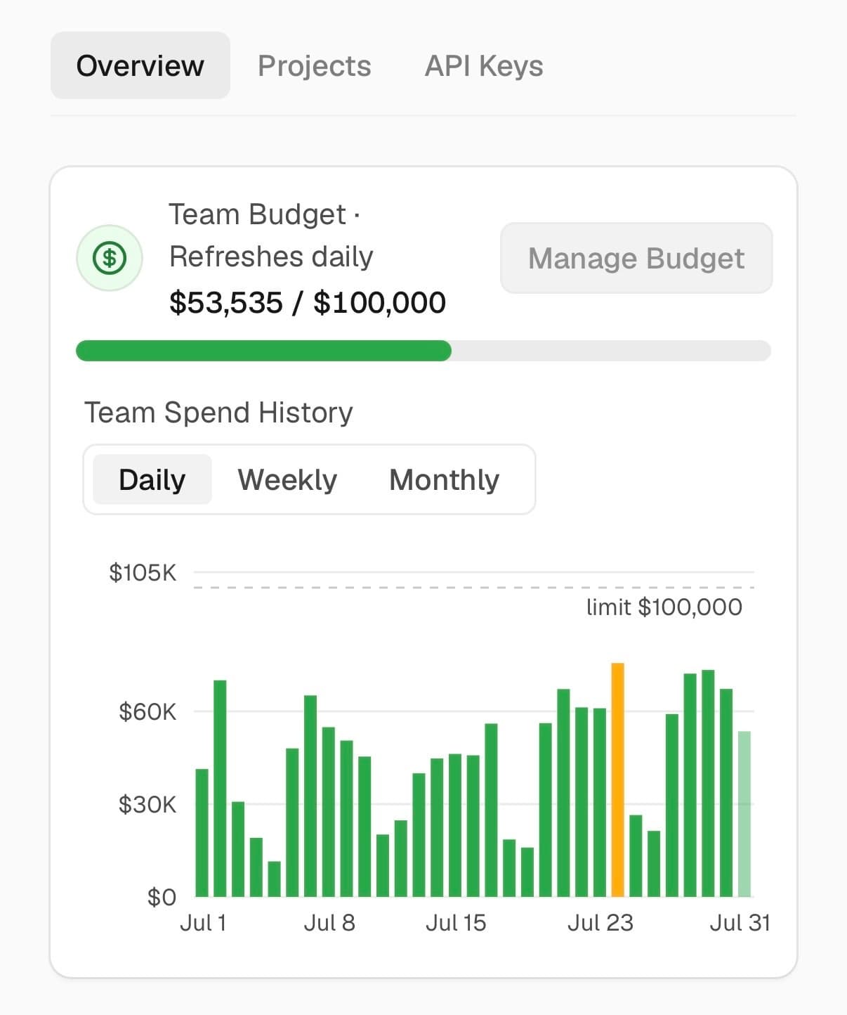 Track spend against every team, project, and key budget from one overview.