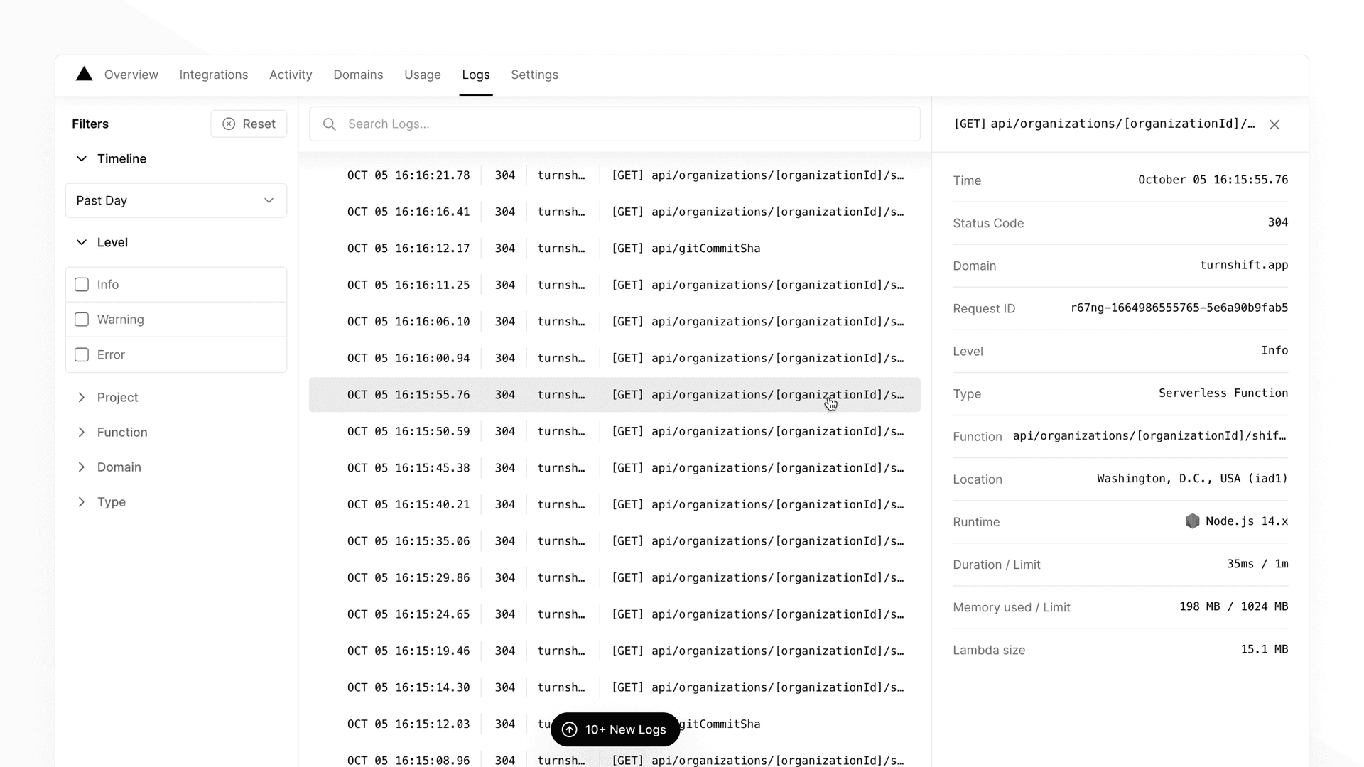 Screenshot on the improved logs UI, showing the logs from an example application. It has three main columns, the left one with filters, the central with the logs' feed, and the right one with the selected log's details