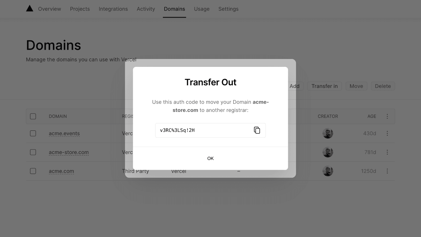 Vercel Transfer Out Domain Modal